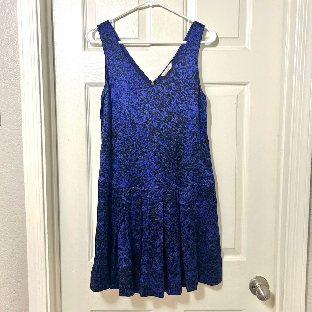 Rebecca Taylor 100% Silk Blue Purple Black Drop Waist Pleated Mini Dress Size 2
